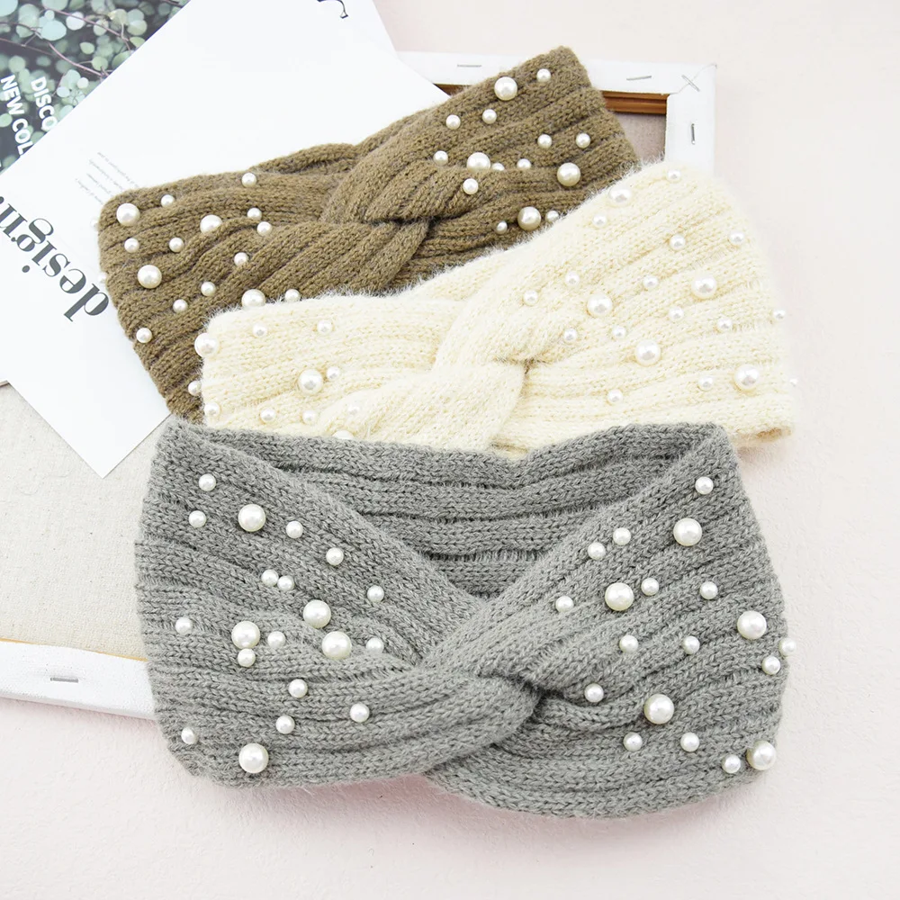 New Pearl Knitted Cross Headbands For Women Girls Handmade Hair Accessories Autumn Winter Headwear Ear Warmer Elastic Hair bands