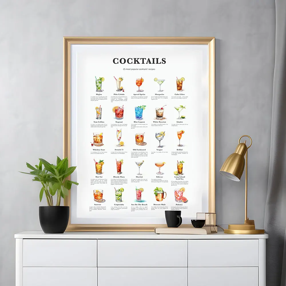 

25 Popular Cocktails Kitchen Art Posters and Print Cocktails Recipe Canvas Painting Wall Trendy Art Picture for Room Home Decor