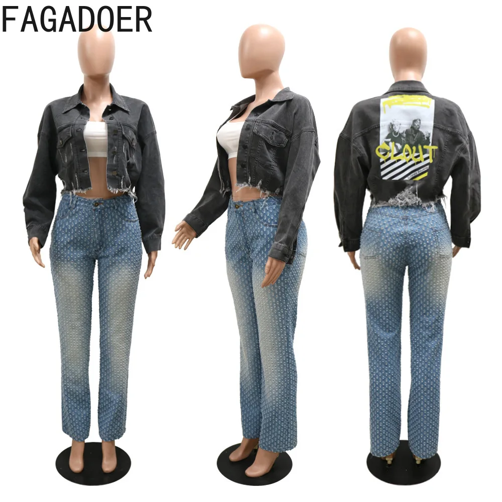 FAGADOER Vintage Print Fashion Street Crop Denim Jacket Women Lapel Long Sleeve Button Coats Y2K Autumn Casual Streetwear Tops