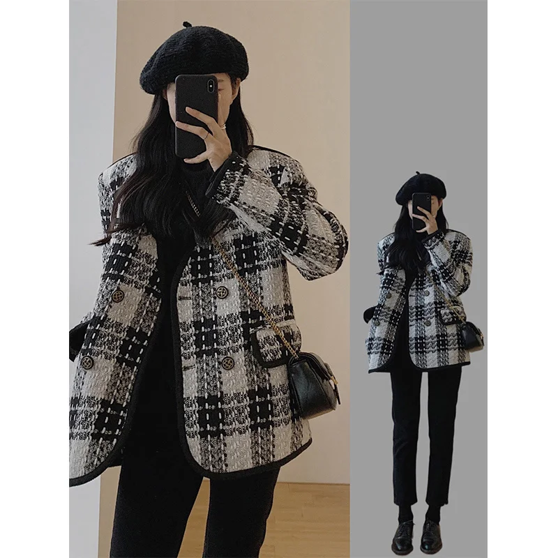 Vintage Woolen Plaid Tweed Jacket Women Black V-Neck Autum Nwinter Coat Korean Fashion Long Sleeve Double Breasted Casual Jacket