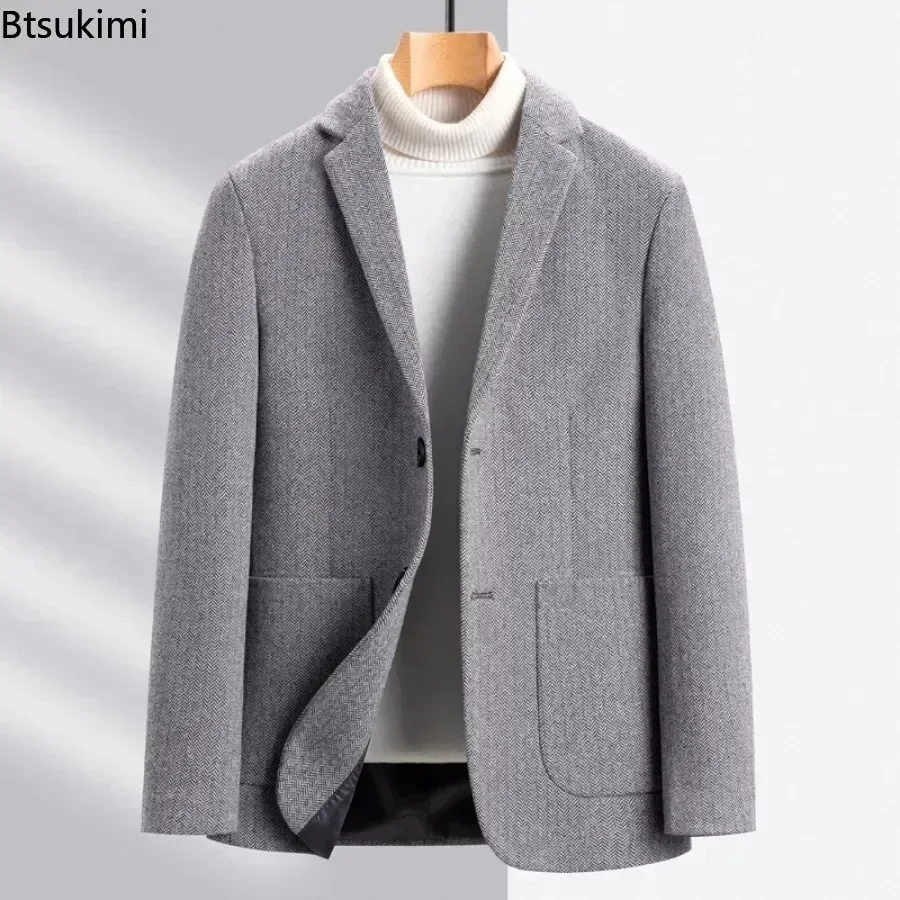 New 2025 Men's Woolen Suit Jacket Top Luxury Autumn Winter Men Casual Business Wool Single Breasted Blazer Overcoats Men Blazer 3
