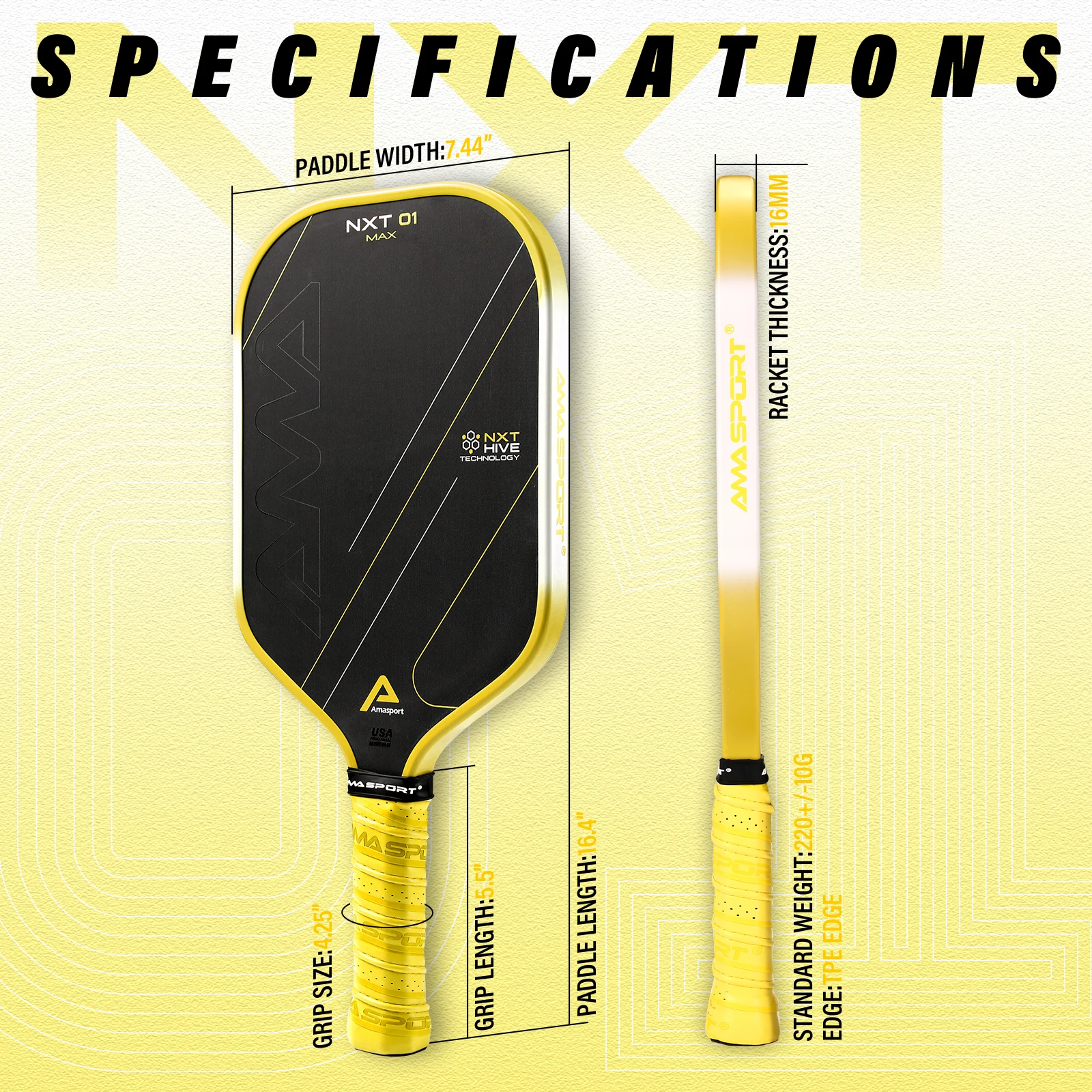 Pickleball Paddle 16MM AMASPORT NXT01 MAX Raw Carbon Fiber Charged Hive Core USAPA Compliant Approved Power & Control