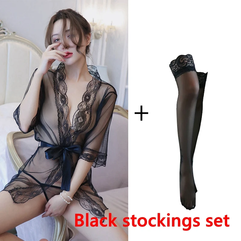 Women Sleepwear Sexy Lace Robe Bathrobes Wedding Bridesmaid Bath Robe Lingerie Women Clothes Underwear Nightwear Purple Black Women's Pajamas