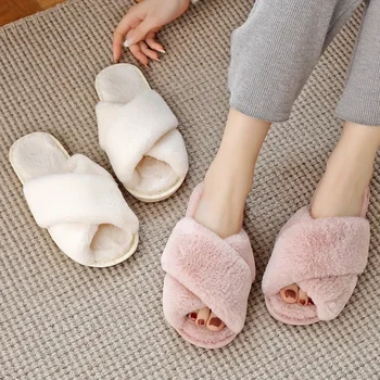 Winter Women House Slippers Faux Fur Fashion Warm Shoes Woman Slip on Flats Female Slides Black Pink cozy home  furry slippers 1