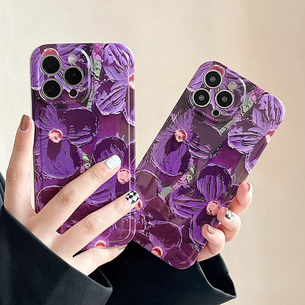 

For iPhone 11 Dark Purple Oil Painting Flowers Phone Case For iPhone 14 Pro Max Case iPhone 12 13 Pro Max Soft Silicone Covers