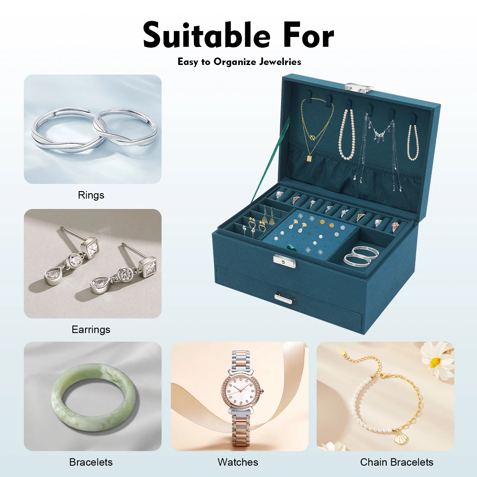3-tier Jewelry Box Exquisite Storage Box, Flannel Jewelry Watches Display Case for Earrings, Necklaces, Bracelets 24x17x11c