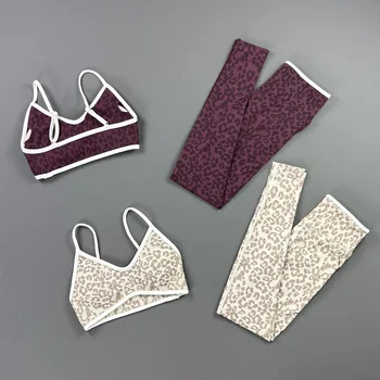 2 Piece Leopard Print Yoga Set Women Adjustable Strap Sports Bra Tummy Control Butt Lifting Leggings Seamless Gym Workout Suit