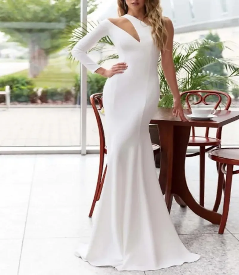 New White Formal Evening Dress 2022 Mermaid One Shoulder Long Sleeve Soft Satin Prom Party Gowns Robe De Soiree Vestidos Fiesta formal dresses & gowns