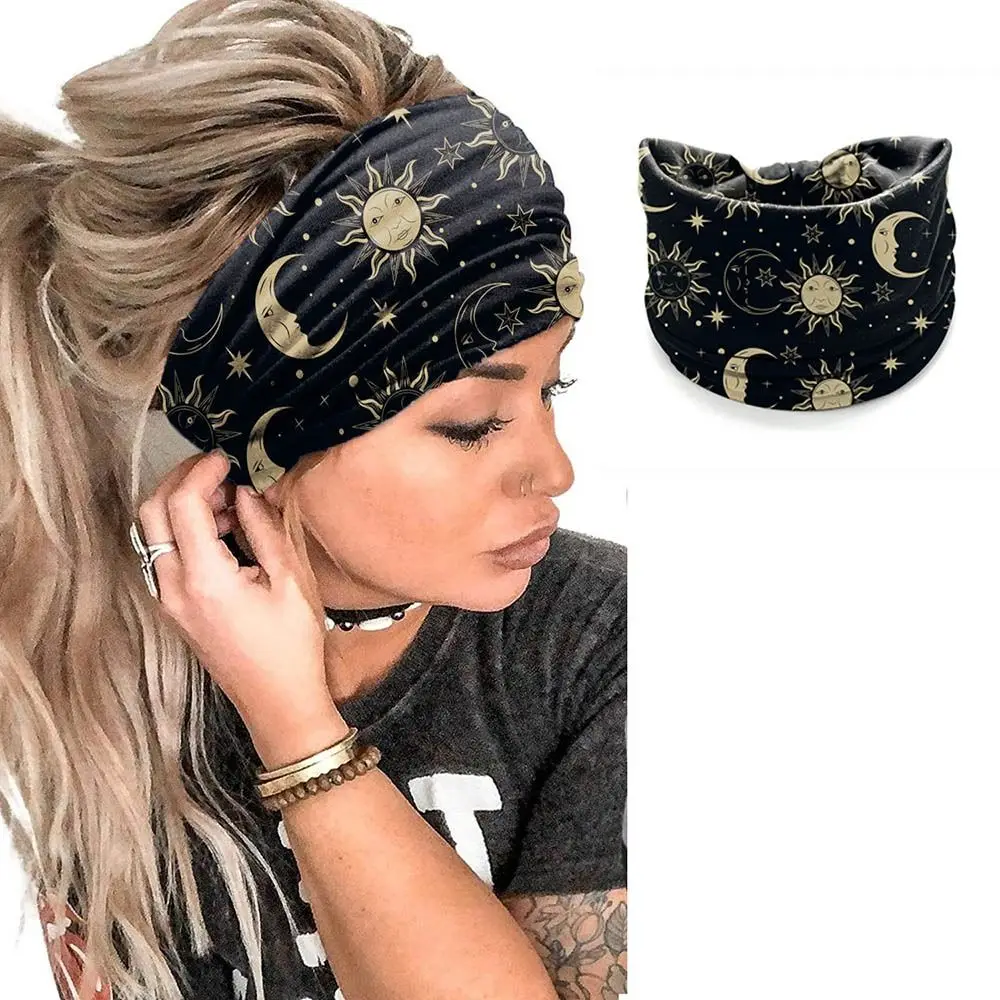 New Elastic Wide Headbands Boho Vintage Knot Turban Wide Brim Star Printed Printed Headscarf Women