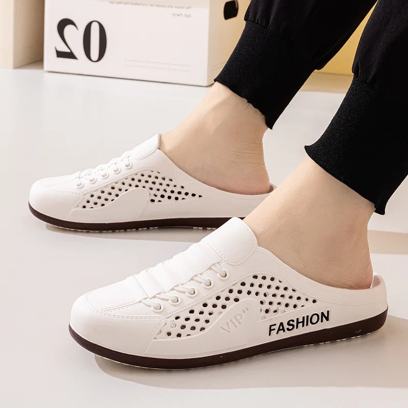 New Men's Half Slippers Fashion Outdoor Casual Shoes for Men Walking Flats Soft Support Slipper Mesh Breathable Slip-On Loafers