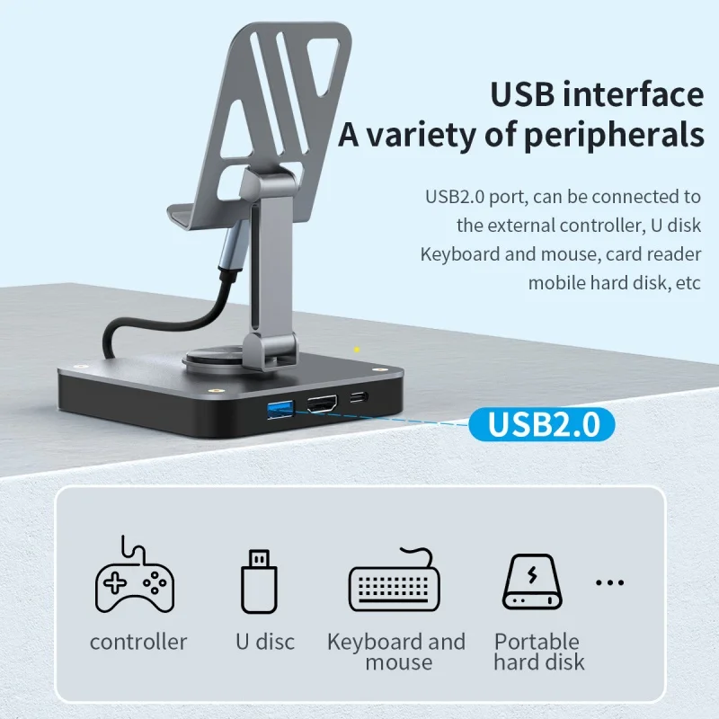 3-in-1 조절식 스위치 폰 패드 스탠드 및 USB-C 허브, HDMI2.0(4K @ 60Hz),USB2.0,PD 100W 충전 포트, 아이폰 15 아이패드 프로용