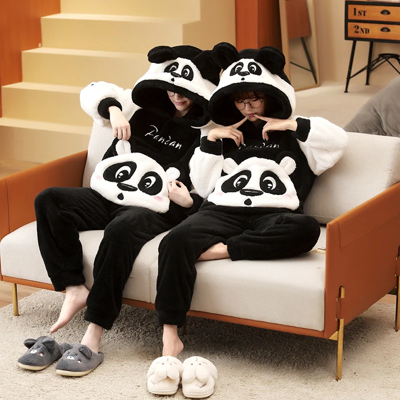 Winter Couple Pajamas Set Women Men Plush Soft Thicken Pyjamas Sleepwear  Korean Loose Homewear Cartoon Panda Pyjamas Suit