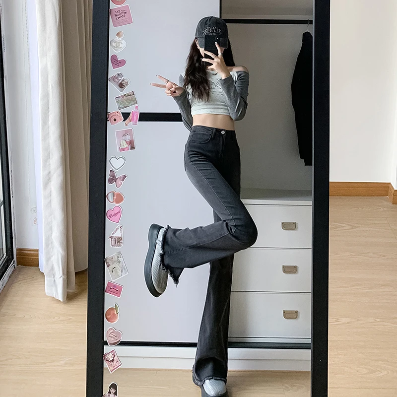 XS-XXL Women Flared Jeans Loose Denim Pants Double Button High Waist Stretch Flare Trousers Elastic Boyfriend Style Bell-bottoms