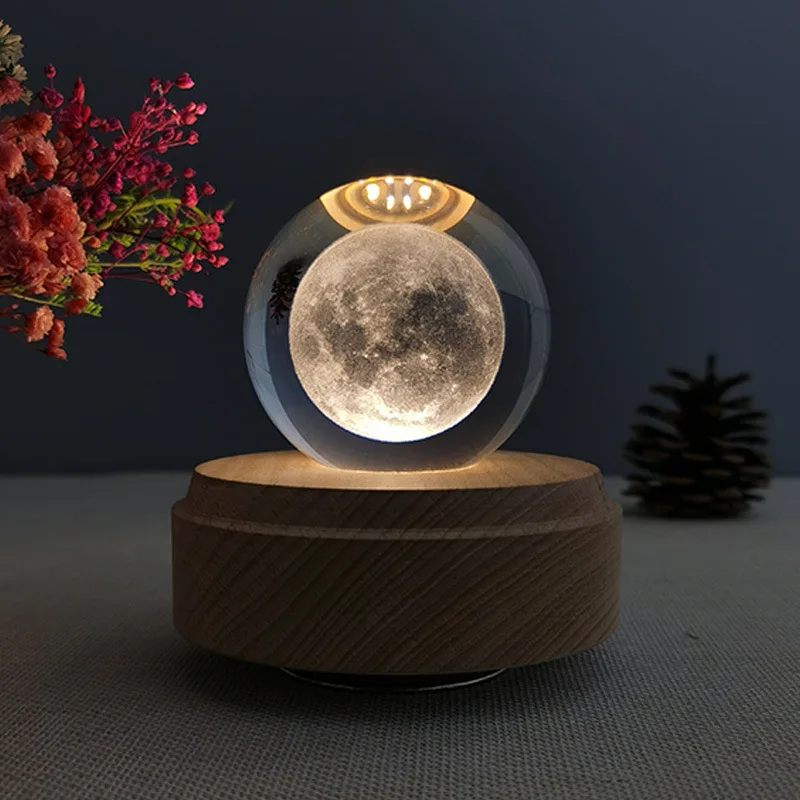 3D Crystal Ball Music Box Projection Light Up Crystal Ball Girevole Base In Legno Luce Notturna Decorazione Regalo Di Compleanno Natale