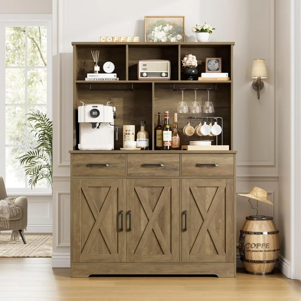 HOSTACK Buffet Cabinet with Hutch, Modern Farmhouse Kitchen Buffet Sideboard Storage Cabinet with 3 Drawers, Barn Door Coffee