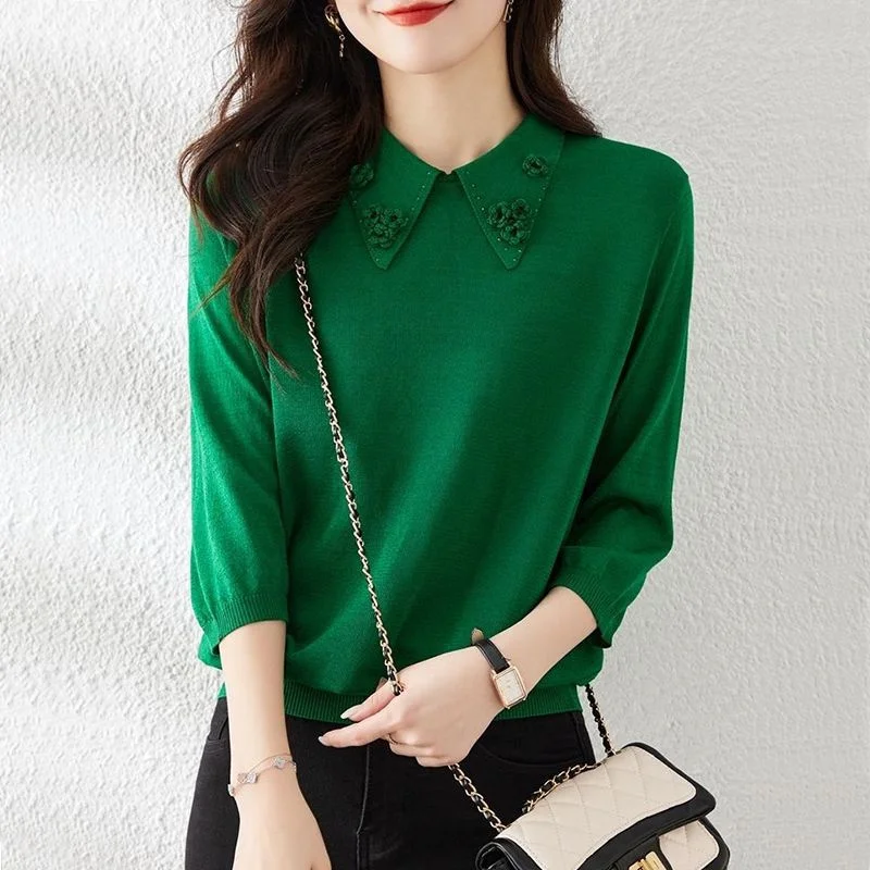 

Mid-sleeve Cropped Sleeve Top Lce Silk Sweater Women Mother Spring Summer New 2024 Doll Collar Thin Bottom Shirt Female Pullover