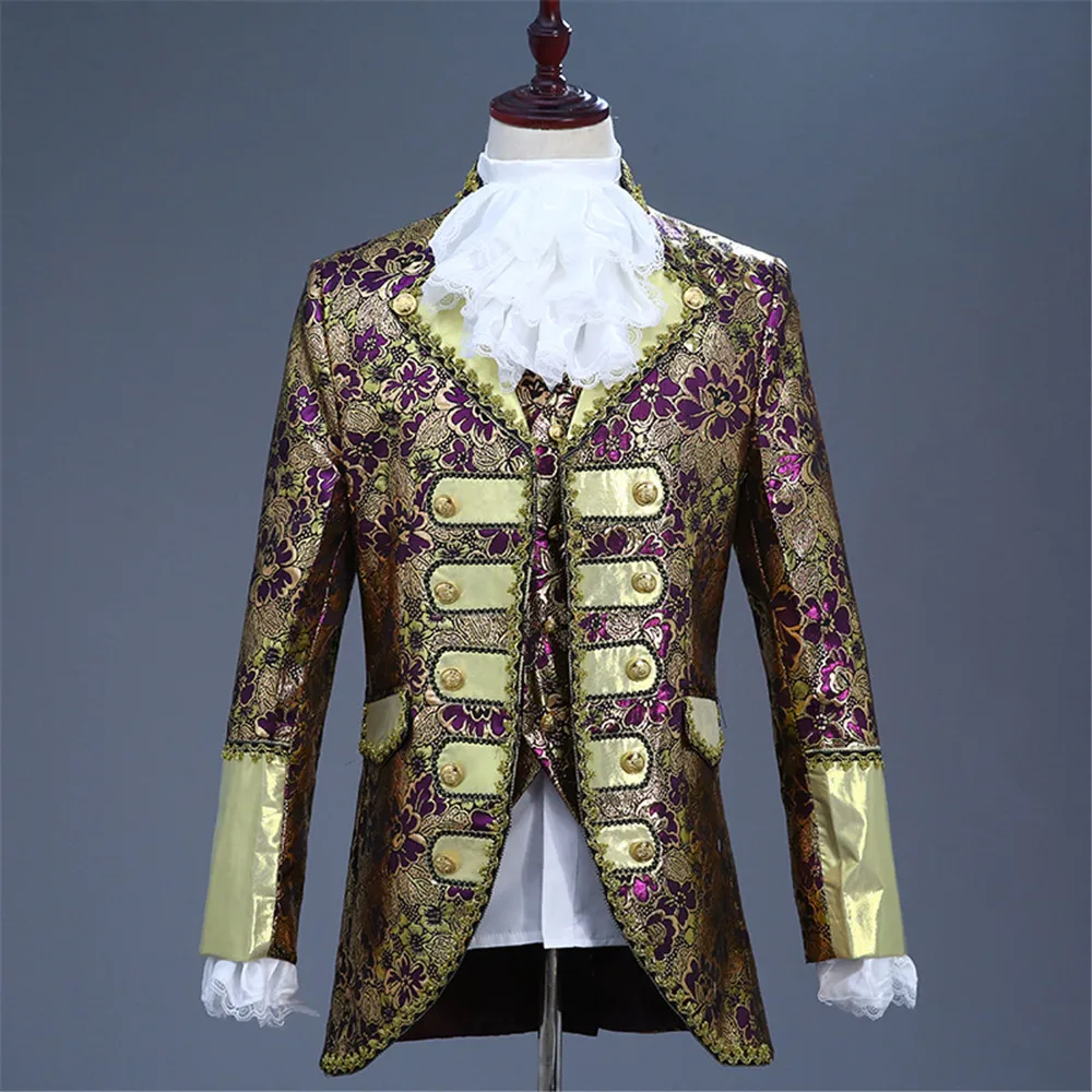 Elegant Vintage Royal Men 3-piece Suit Court Dress Gold and Blue Red Stage Costume Christmas Theater and Drama Outfit
