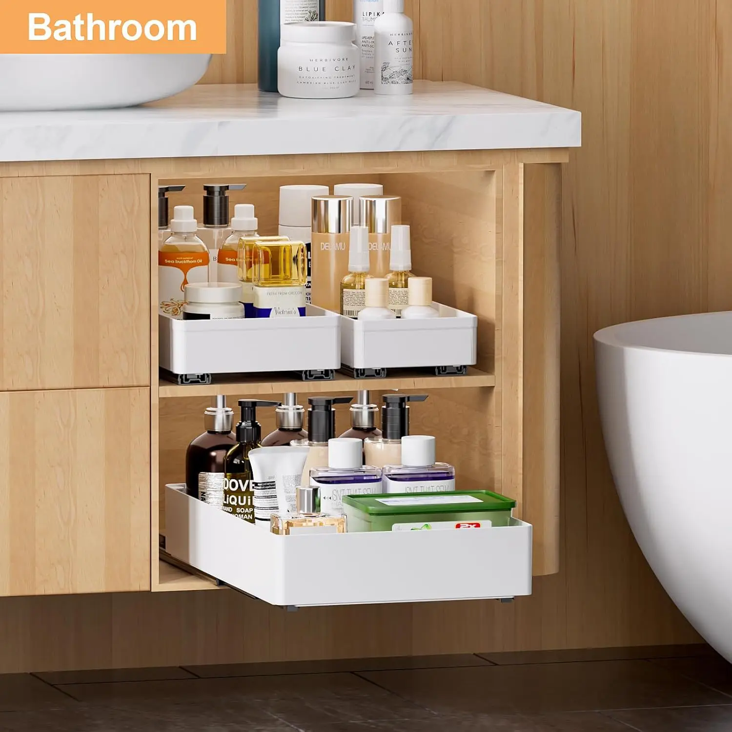 3pcs/set Pull out Cabinet Organizer 21" Deep Heavy Duty  Slide out Drawers for Kitchen Cabinets with Adhesive 1 Pack Adjustable 5