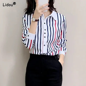 스트라이프 불규칙 블라우스 턴다운 칼라 버튼, 격식 있는 오피스 레이디, 가벼운 캐주얼 요리, 얇은 봄 여름 여성복