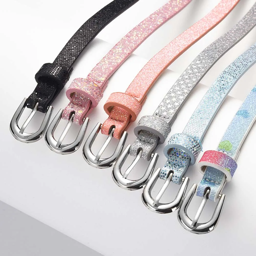 Children Shiny Sequins Leather Belts Kids Cute Star Laser waistbands luxury Brand Silver Pin Buckle Belts For Girls Jeans Belt