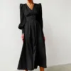 High Waisted Slim Fit Elegant Party Dress V-Neck Ruched Vintage Midi Dress Long Lantern Sleeves Solid Color Evening Dress Women 6