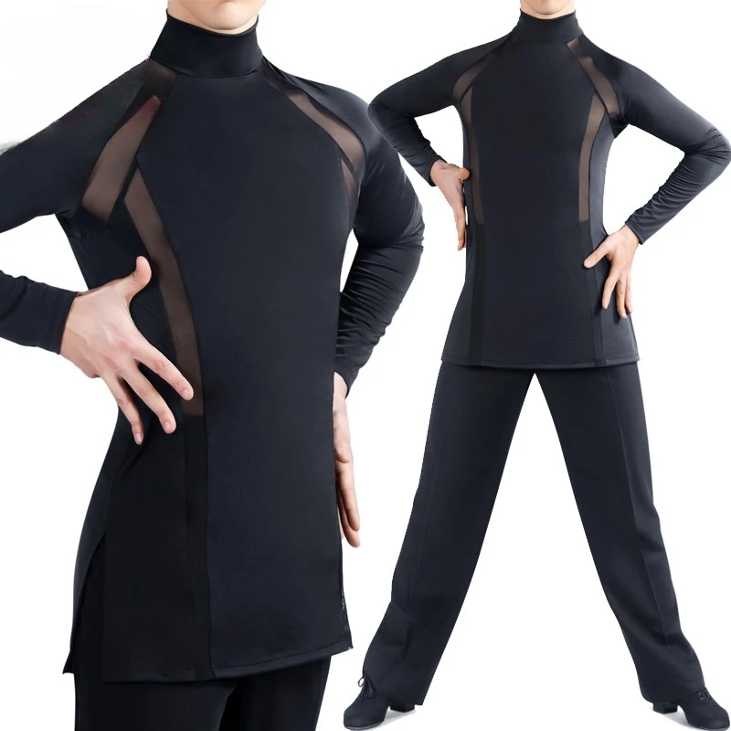 Men Latin Dance Shirts High Neck Mesh Splicing Competition Long Sleeve Top Practice Ballroom Costumes