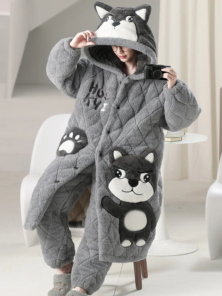 Pajamas Adult Thickened Warm Cartoon Cute Embroidered Autumn and Winter Coral Quilted plus Velvet Nightgown Long Homewear Suit