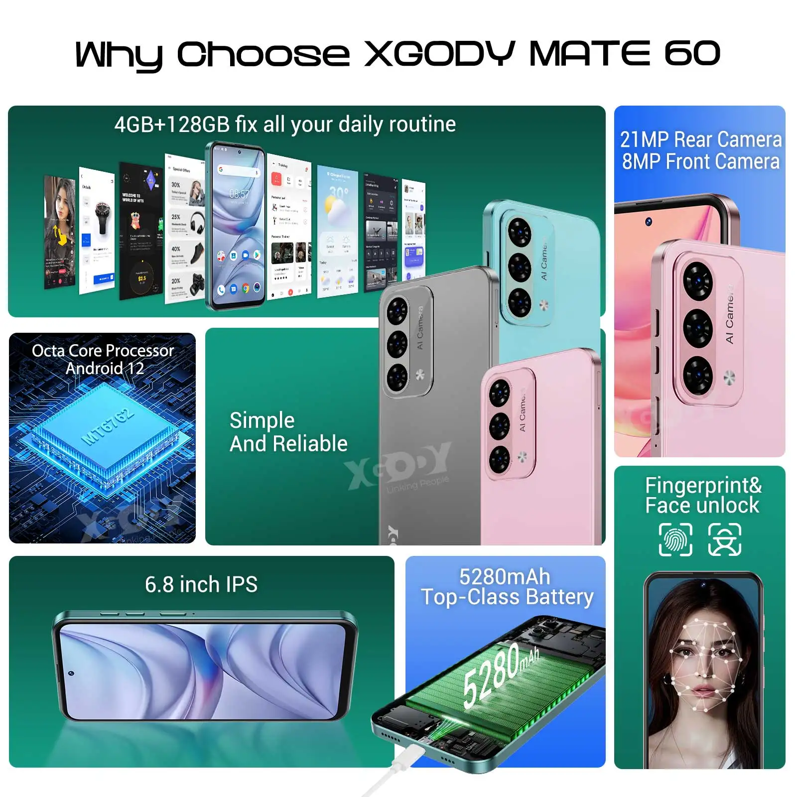 XGODY Mate60 6.8inch Smartphone Android 12 Mobile phones 4G Dual SIM 8Core 128GB 5280mah 8+21MP Fingerprint Unlocked Cell phones 6
