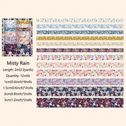 Vintage Floral Washi Tape Set - Decorative Masking Tape for Crafts and Journals (12 Rolls) (Misty Rain)