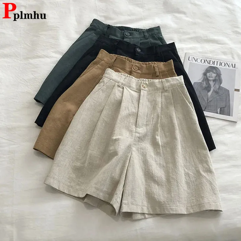 

2024 Summer Thin Linen High Waist Shorts Women Casual Baggy Wide Leg Pantalones Cortos Korean Loose Classic Solid Short Pants