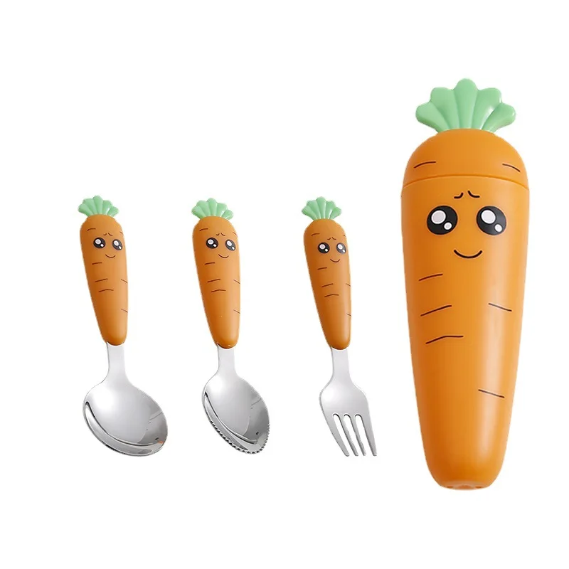 1/3PCS Carrots Set Children Kids Dinnerware Stainless Steel Spoon Fork Flatware With Box Baby Feeding Kitchen Tableware Supplies