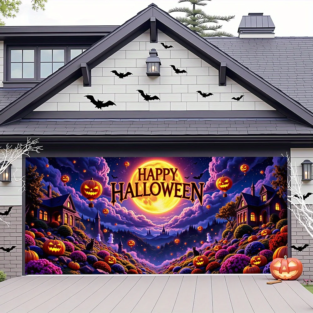 Halloween Magic Manor Garagenbanner, glänzendes Polyestermaterial, „Happy Halloween“, schwarze Katze, Fledermaus, Kürbislaternendesign – Detail 6