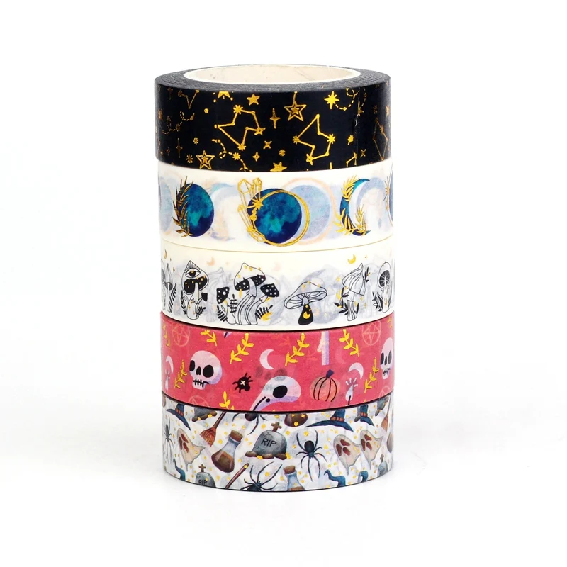 NEW 1PC 10M Deco Mushrooms Leaves Pumpkin Ghost Moon Gold Foil Halloween Washi Tape Set for Planner Masking Tape Cute Stationery 6
