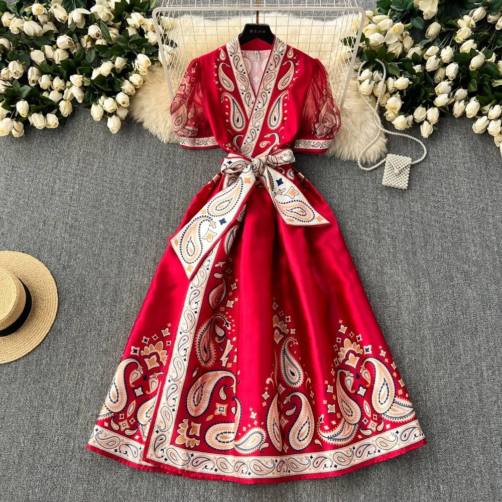 

French Vintage Bodycon Print V Neck Puff Sleeve Long Dress pleated Chic Elegant Vestidos summer Fashion A-line dresses