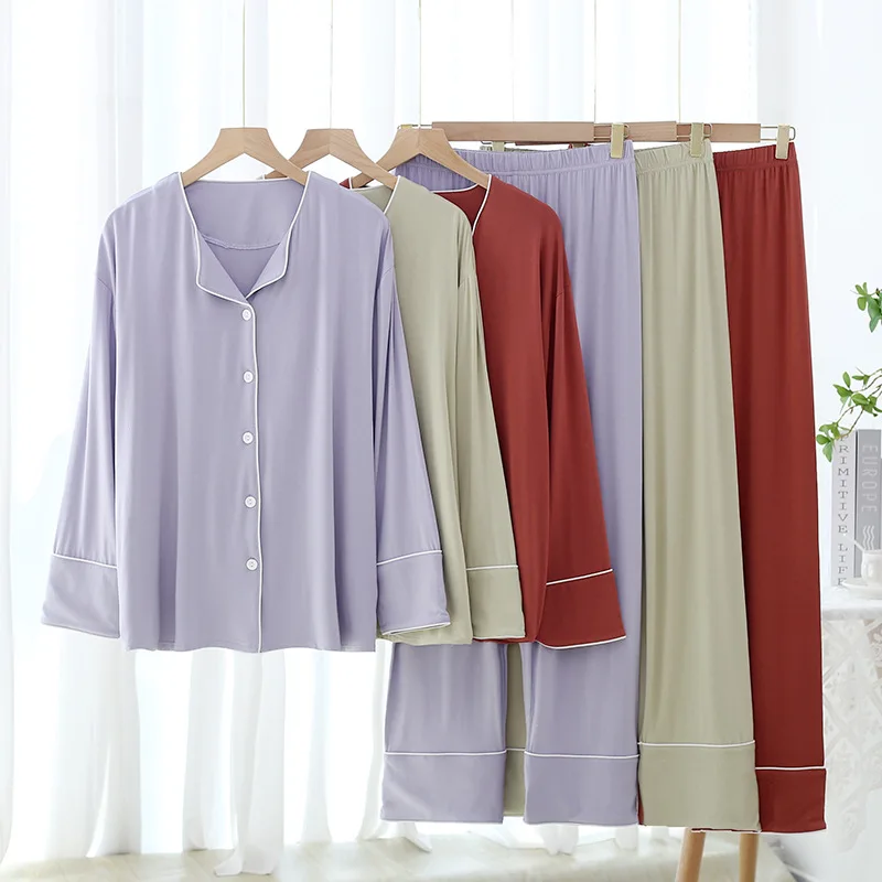 New Spring and Autumn Women's Pajamas Set Modal Pure Color Simple Thin Cardigan Long Sleeve Pants Two Piece Home Suit Sleepwear