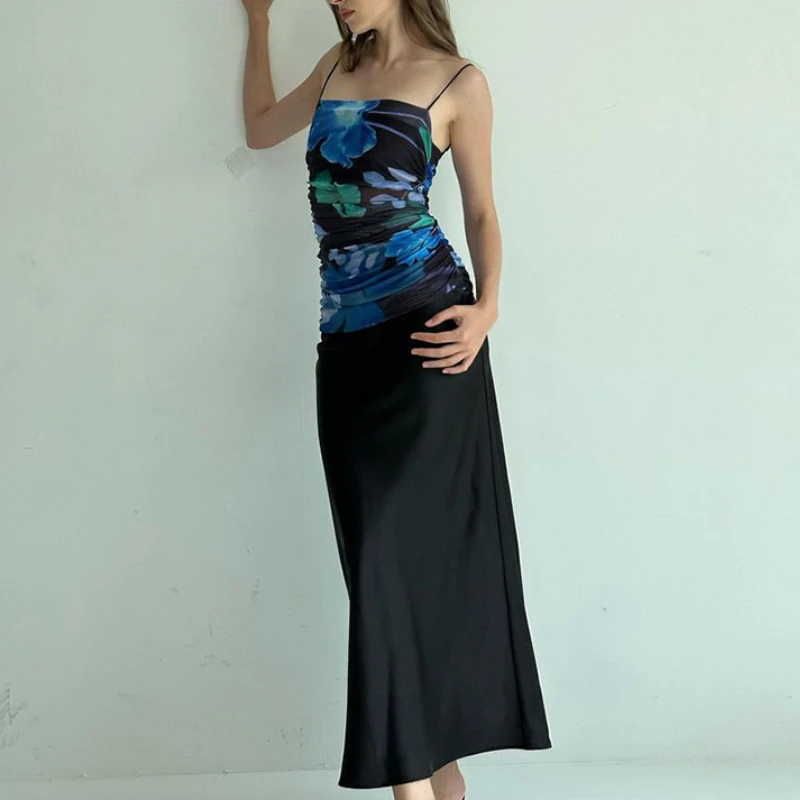 

Women Long Bodycon Dress Mesh Floral Print Sleeveless Sling Cocktail Dress Summer Party Club Slit Backless Dress