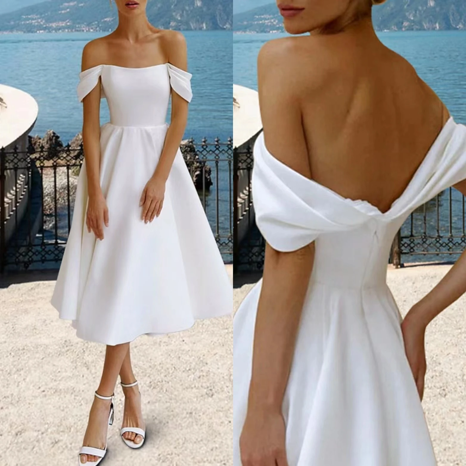 

Elegant Bridal Shower Little White Dresses Wedding Dresses Tea Length A-Line Short Sleeve Off Shoulder Satin Bridal Gowns