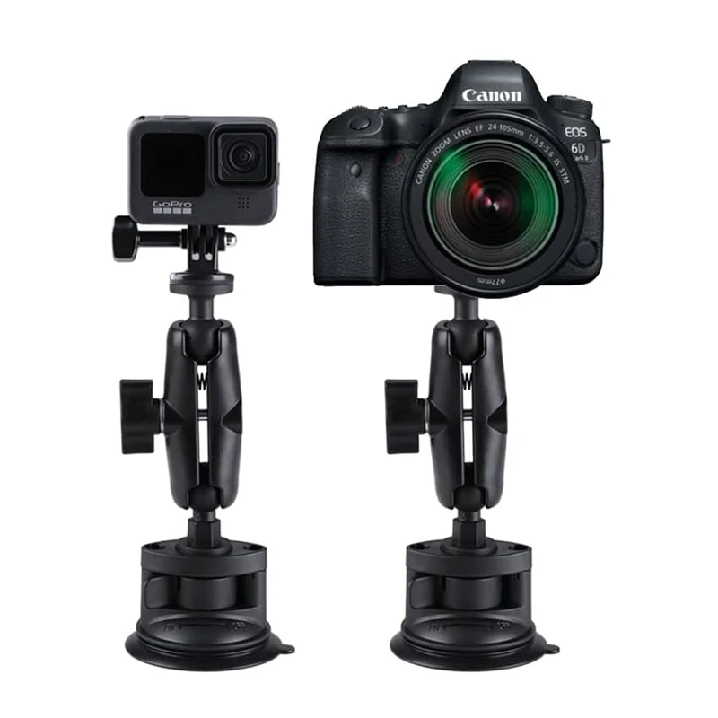 Support ventouse pour caméra GoPro, Insta360, DJI démonté, montrant la ventouse, le bras et le socle de fixation.