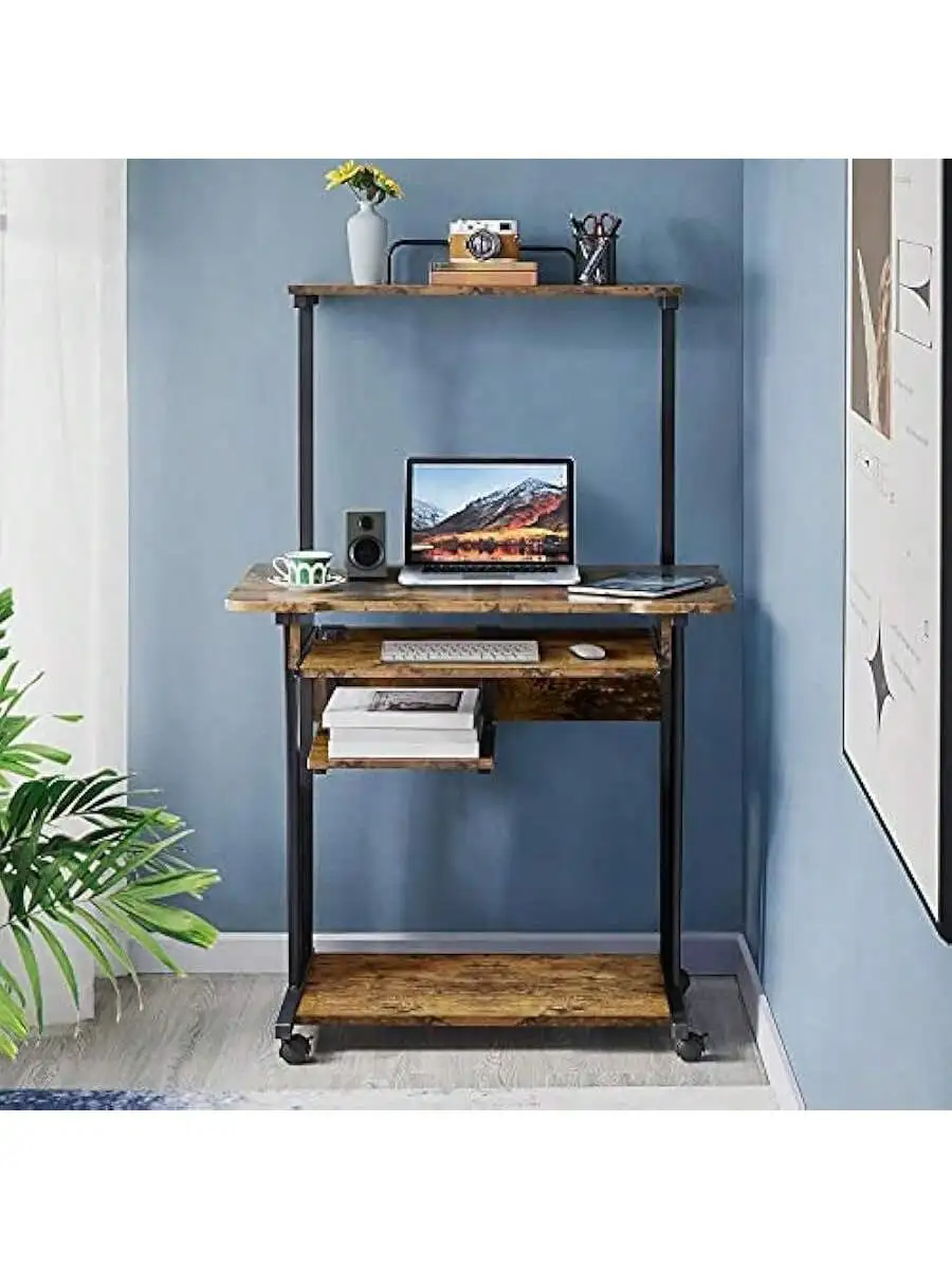 Yaheetech 3 Tiers Rolling Computer Desk with Keyboard Tray and Printer Shelf for Home Office Mobile Computer Desk for Sm 4