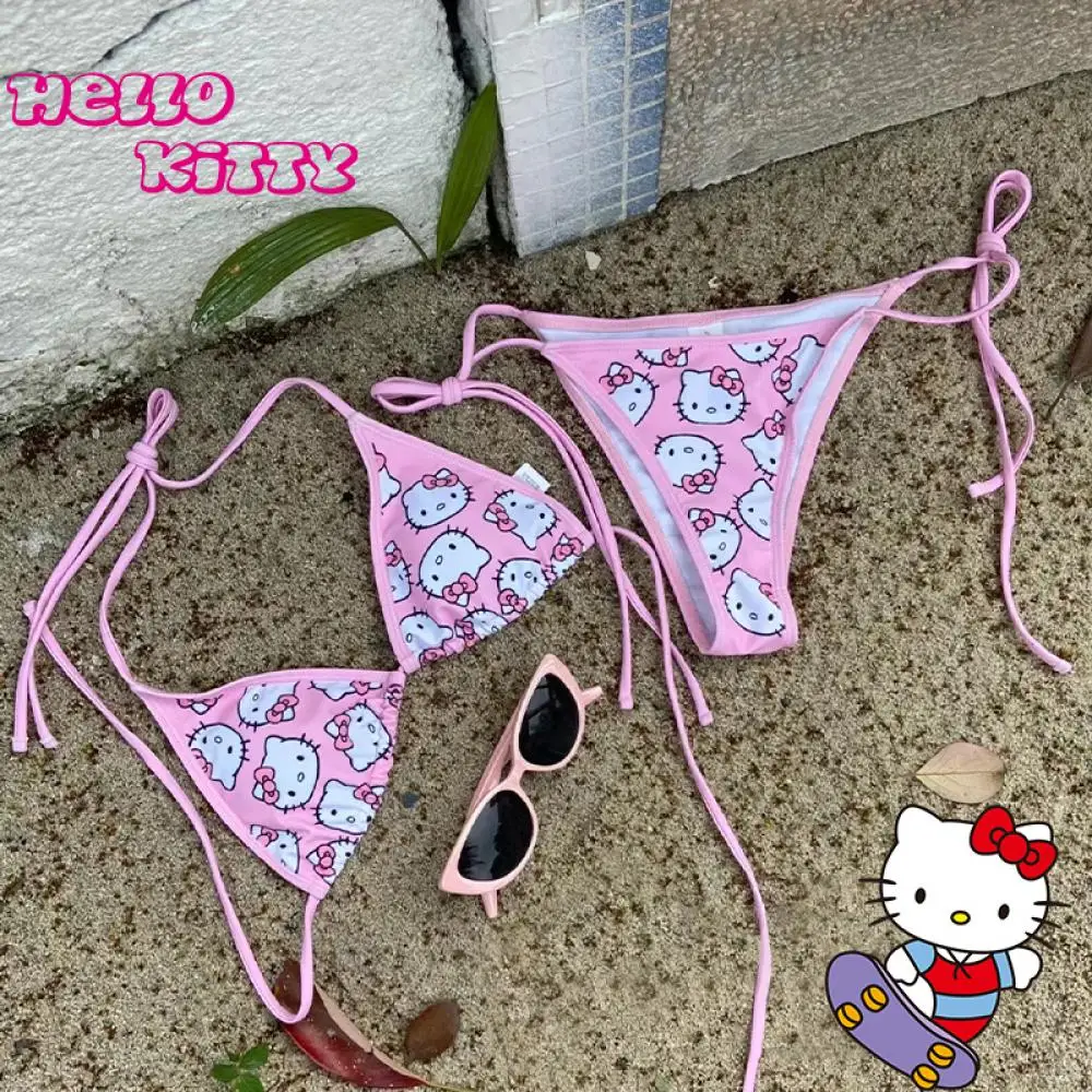 Ins Sanrioed Y2K Hello Kitty Swimsuit Set Women Anime Kawaii Kt Bikini Sexy  Hot Girl Sexy Underwear Bra Panties Beach Vacation - AliExpress