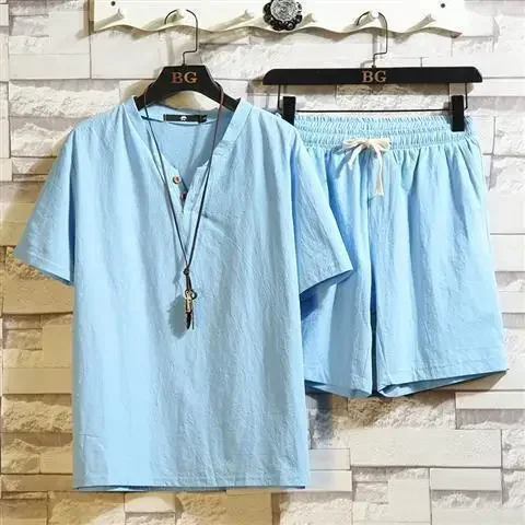 thumbnail image 1 of Camisetas, pantalones cortos, trajes para hombre, lino liso, sin logotipo, conjuntos casuales de 5xl para hombre, tendencia, novedad en moda a juego, conjunto de 2 piezas, elegante 2024, 1 of 5