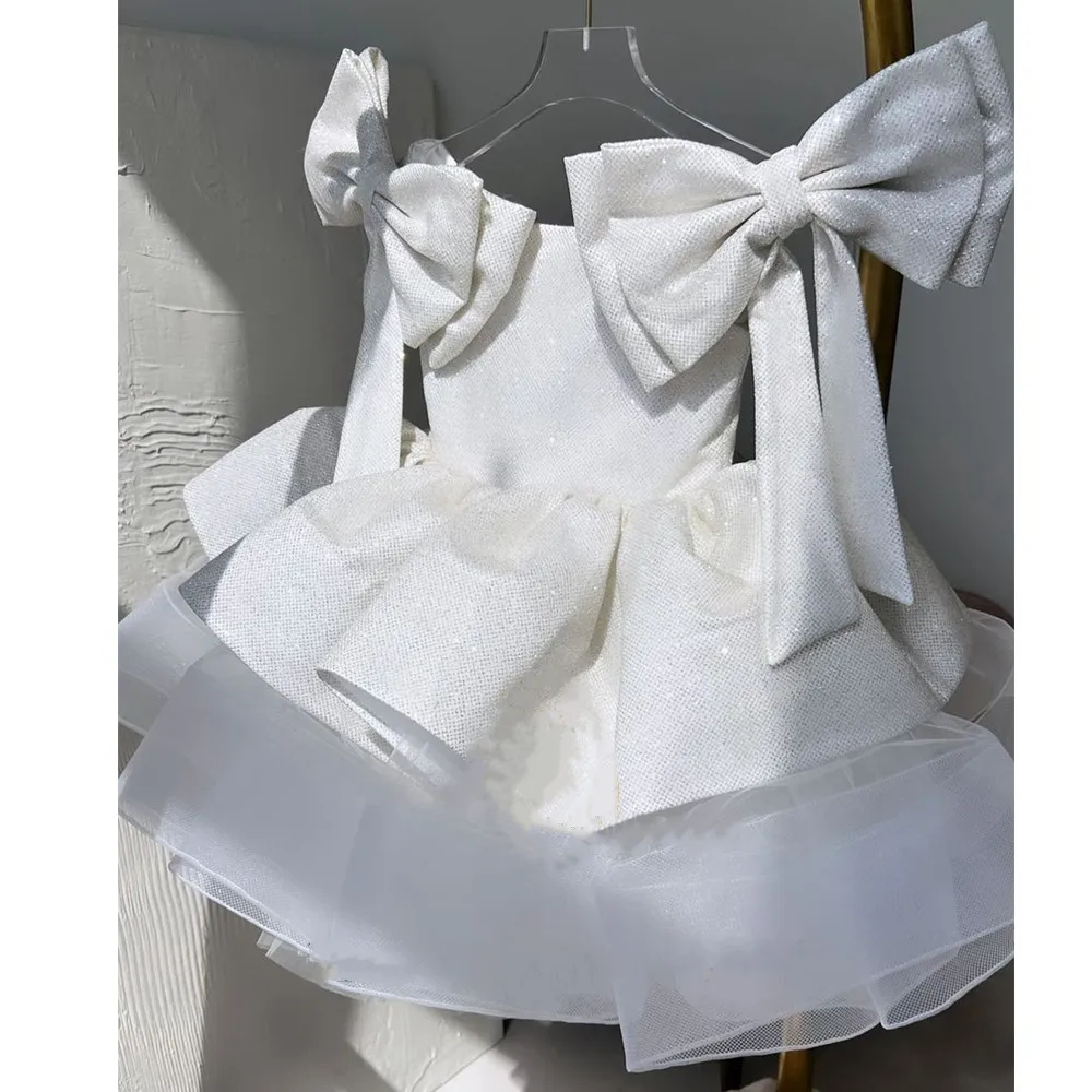 

Princess Ruffles Flower Girl Dress For Wedding with Bow Sleeveless Off Shoulder Kid Birthday Party First Communion Ball Gown