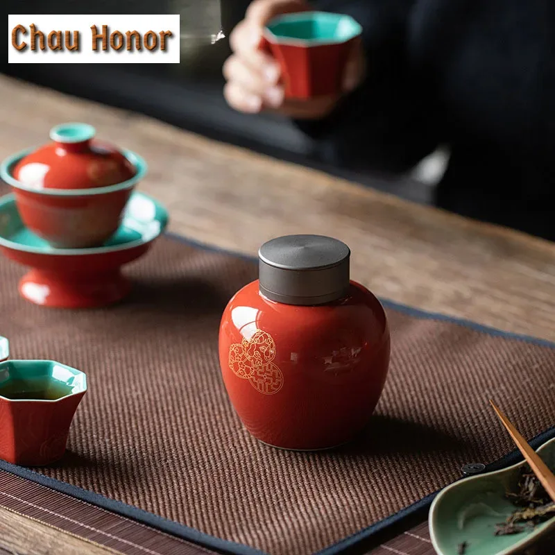 500ml BoutiquePalace Red Glaze Ceramic Tea Can Bronzing Hydrangea Art Tea Caddy Household Tea Leaf Mystery Box Puer Sealed Jar