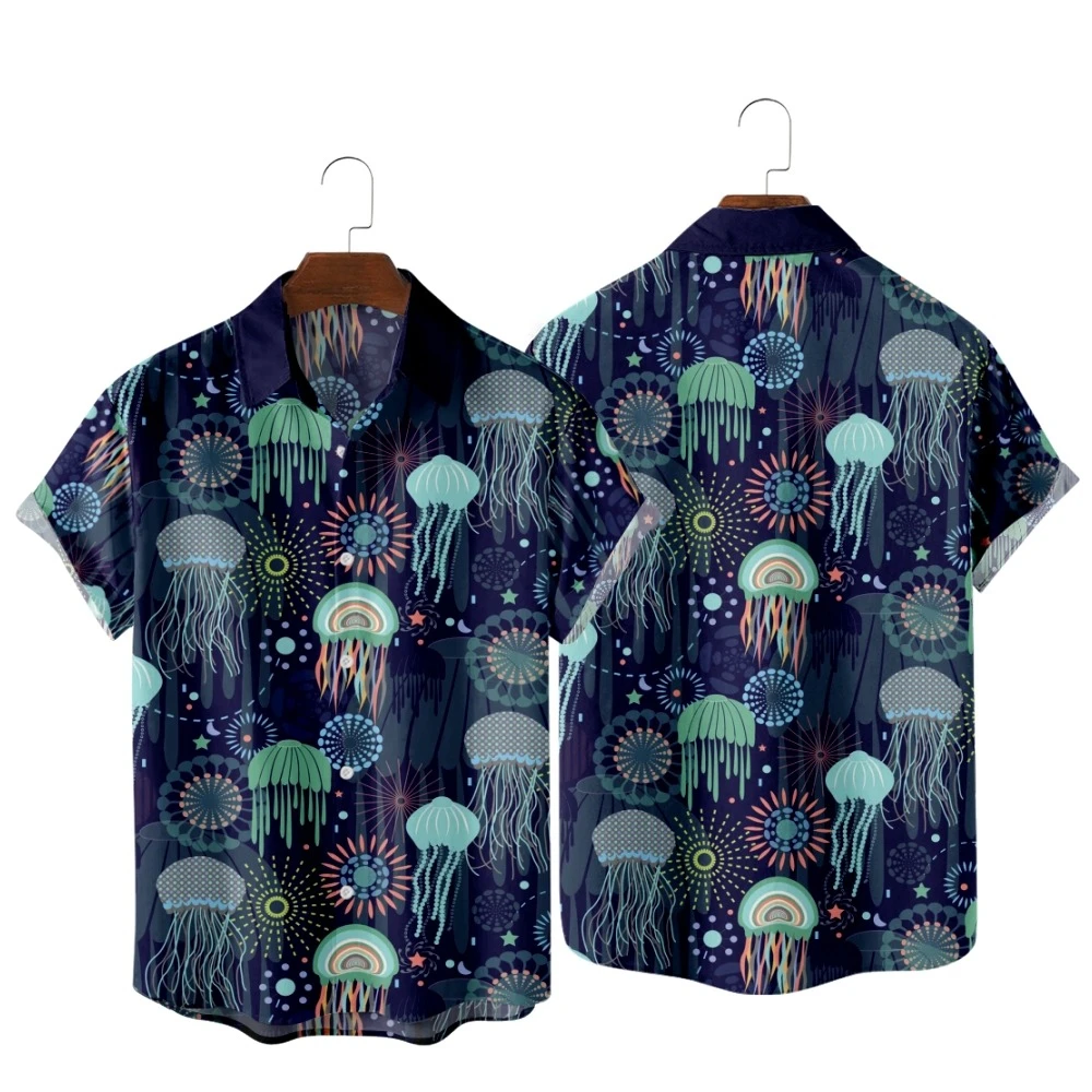 2022 Colorful Jellyfish Pattern Print Shirt in the Ocean, Fashion Casual Simple Hawaiian Beach Style, Summer Shirts for Men