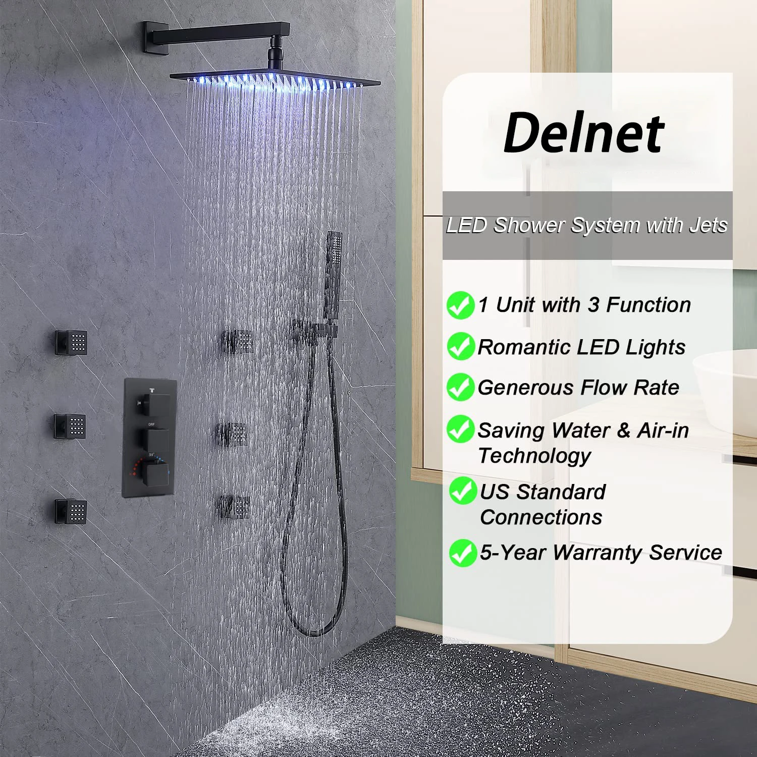 

Delnet 12 Inch LED Rain Shower Head System with Thermostatic Mixer Valve and 6 Massage Body Sprays and Handheld Shower Combo Set