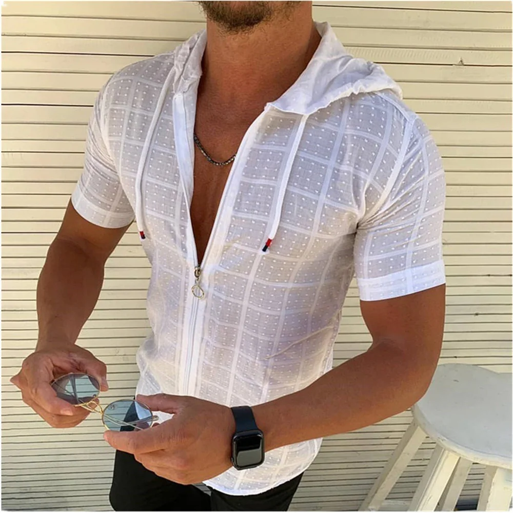 2024 Summer Hot Selling Fashion Men's Short sleeved Zipper Hoodie Drawstring Shirt Street Men's High Quality Top