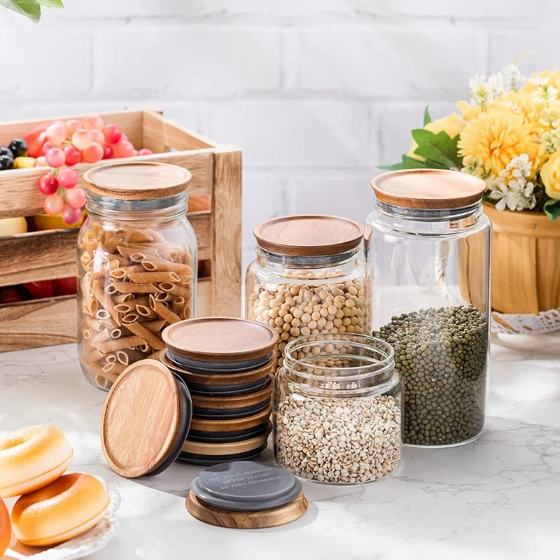 12Pcs 3.5 Inch Wide Mouth Mason Jar Lids Reusable Canning Lids Wooden Mason Jar With Airtight Silicone Seal