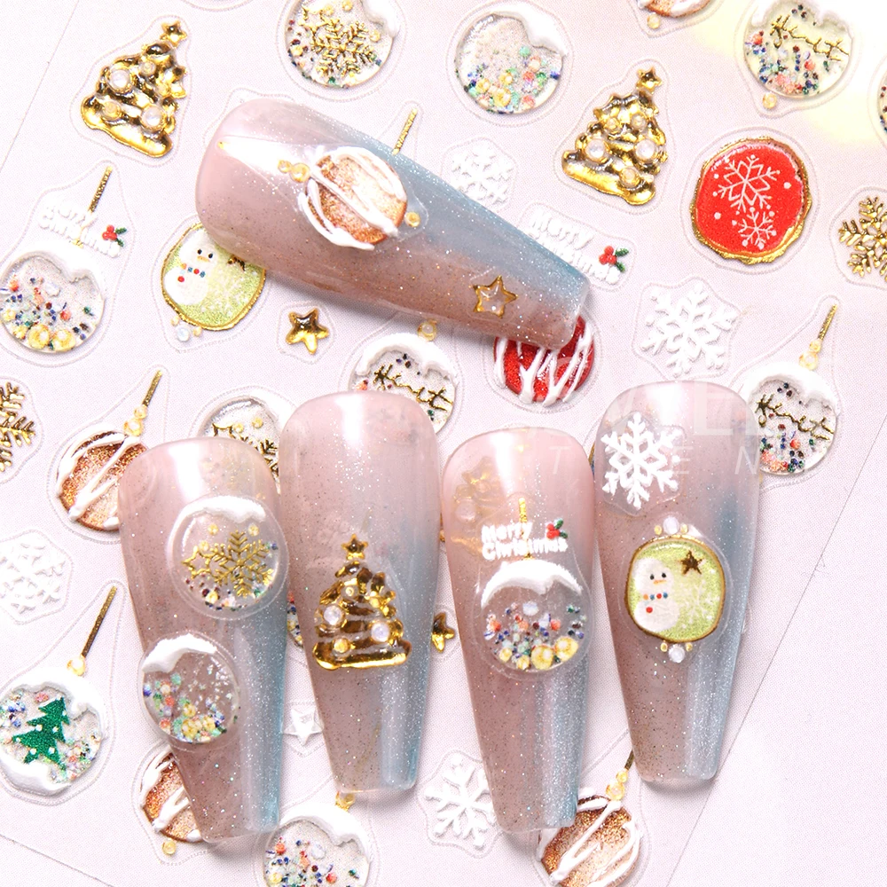 5D Embossed Snowman Snowball Nail Stickers Diamond Christmas Tree Bow Gift for Winter Christmas DIY Manicure Decor Nail Supplies