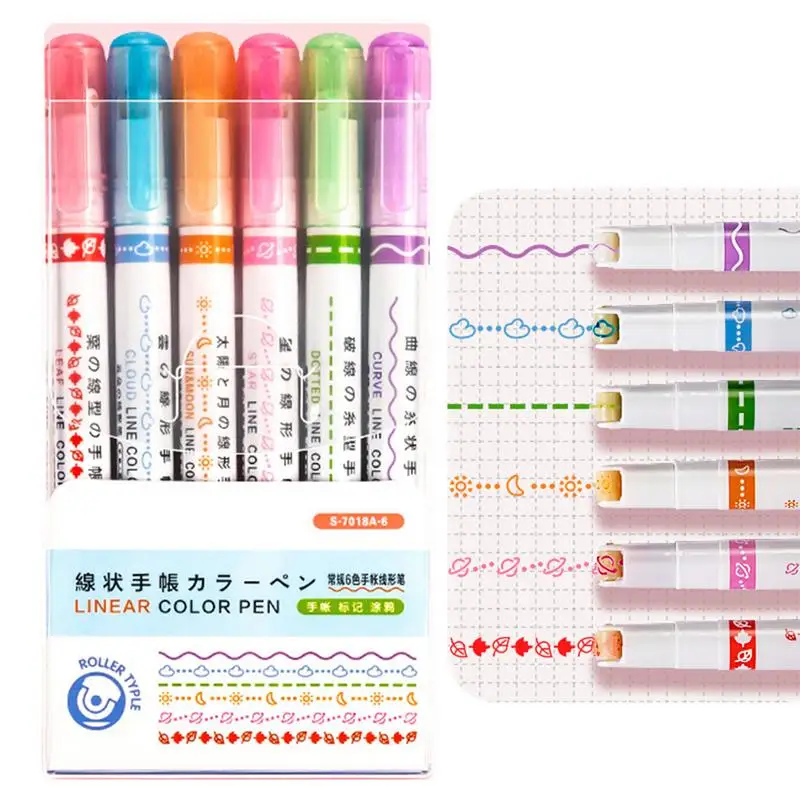 6pcs Different Line Shapes Highlighter Roller Tip Curve Liner Marker Pens Graffiti Pen Kawaii Stationery School Office Supplies