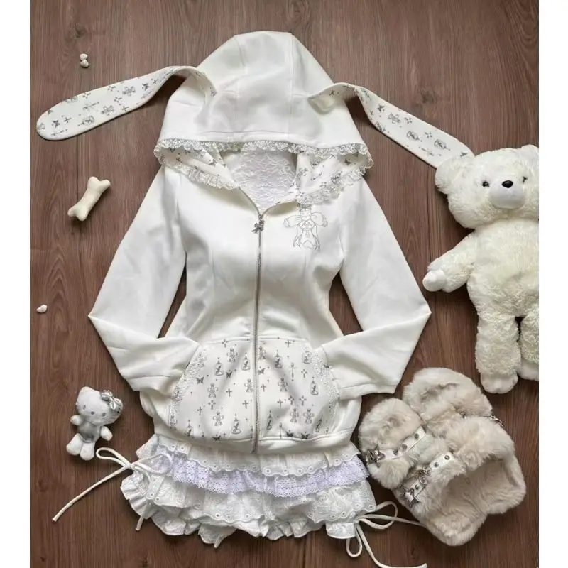 Autumn Sweet Cute Print Hooded Lace Bunny Ear Sweatshirt + Y2K Mini Cake Skirt 2 Piece Set Women Japanese Fashion Outfits New